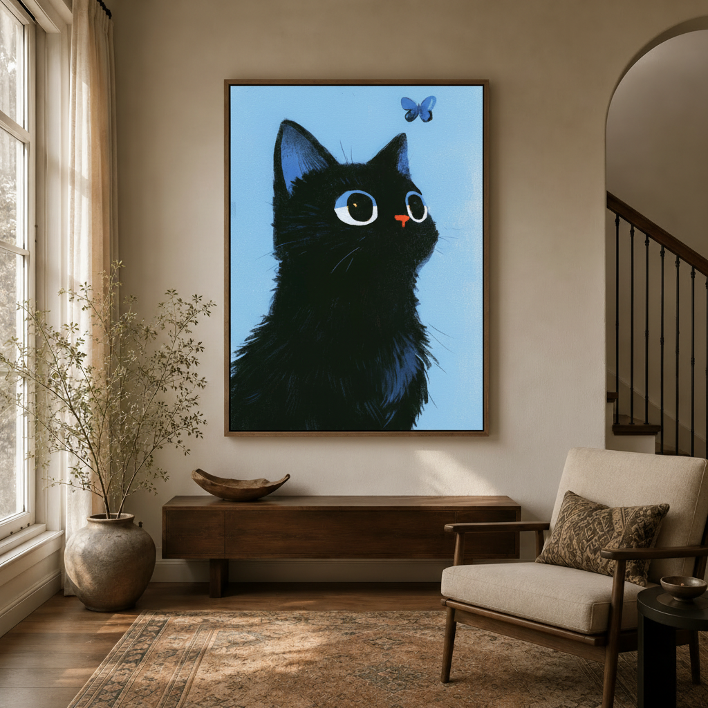 Whimsical black cat illustration wall art in bright entryway with wood floating frame