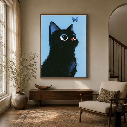 Whimsical black cat illustration wall art in bright entryway with wood floating frame
