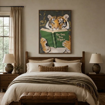 Funny animal canvas print above bed in a cozy farmhouse-style bedroom with warm wood tones
