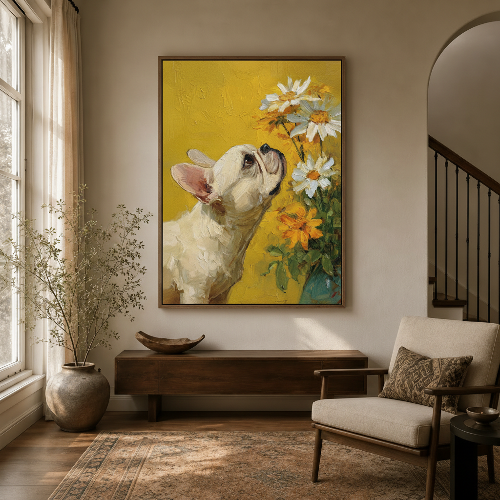 Oil painting style French Bulldog daisy art displayed in warm entryway with arched doorway and natural linen armchair