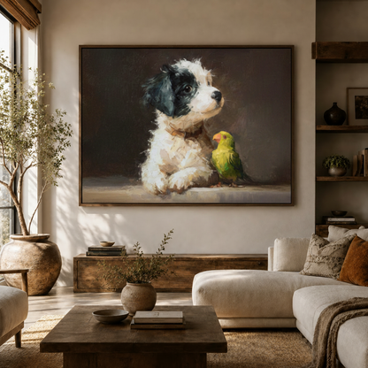 White puppy and green parrot canvas art displayed in a cozy living room with sofa, bookshelf and warm earthy tones