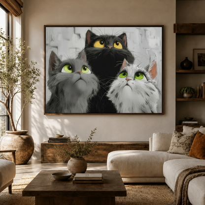 Whimsical three cats wall art above console in a cozy modern living room setting