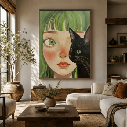 Large girl and black cat canvas wall art displayed in a bright living room with white sofa and olive tree
