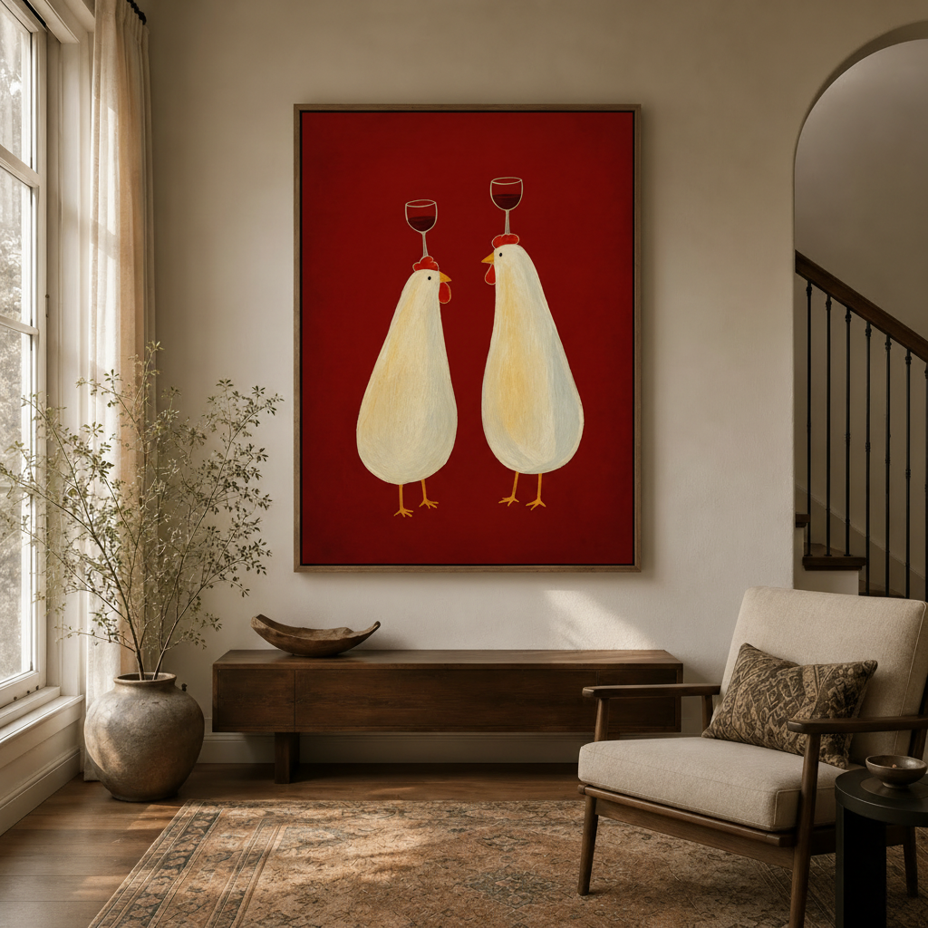 Two white chickens balancing wine glasses folk art canvas print in dark walnut frame in modern entryway
