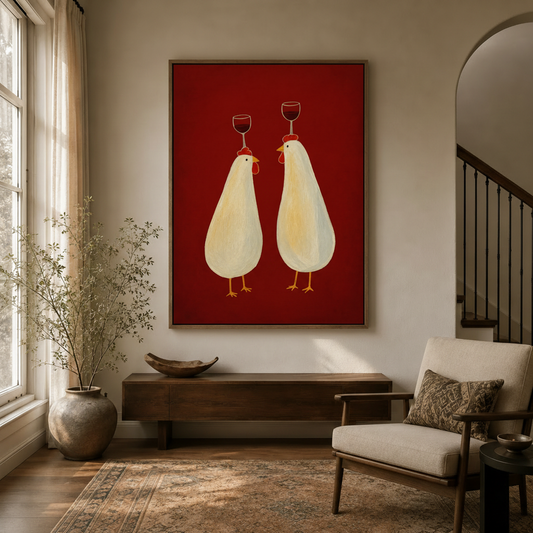Two white chickens balancing wine glasses folk art canvas print in dark walnut frame in modern entryway
