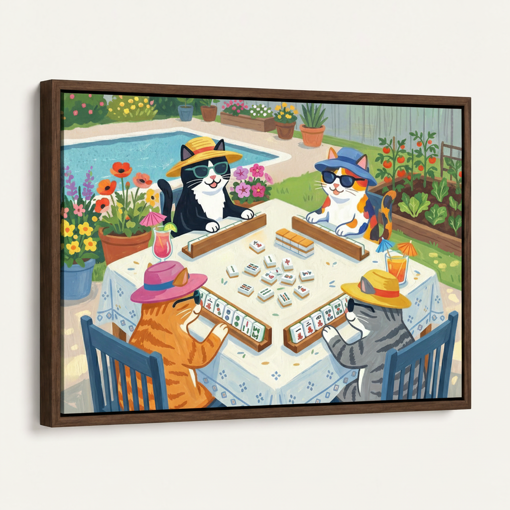 Framed cats playing mahjong garden party cartoon canvas print dark walnut float frame angled 3/4 product view