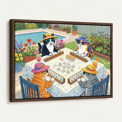 Framed cats playing mahjong garden party cartoon canvas print dark walnut float frame angled 3/4 product view