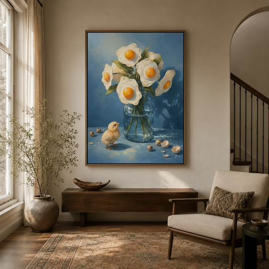 Surrealist fried egg bouquet canvas in walnut float frame displayed in cozy entryway