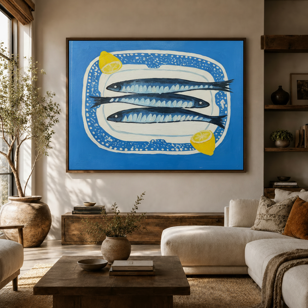  Bold cobalt blue sardines folk art painting framed above sofa in a modern coastal living room
