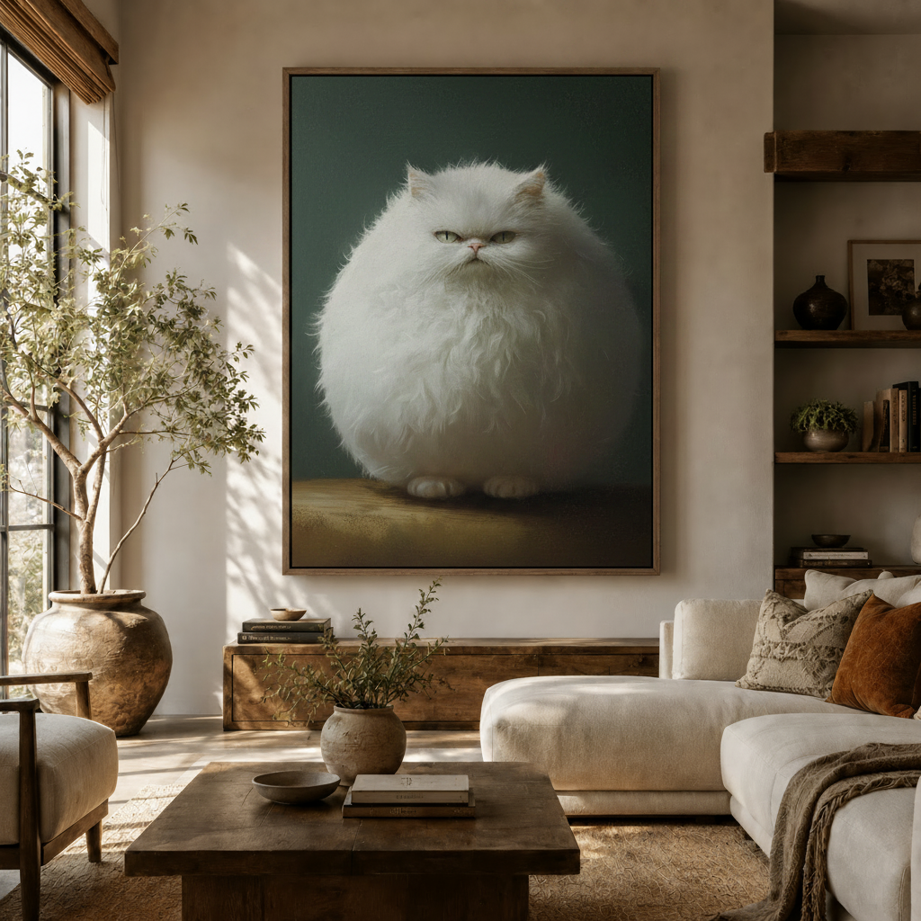Chubby fluffy cat canvas wall art hanging in a bright farmhouse living room with white sofa and olive tree