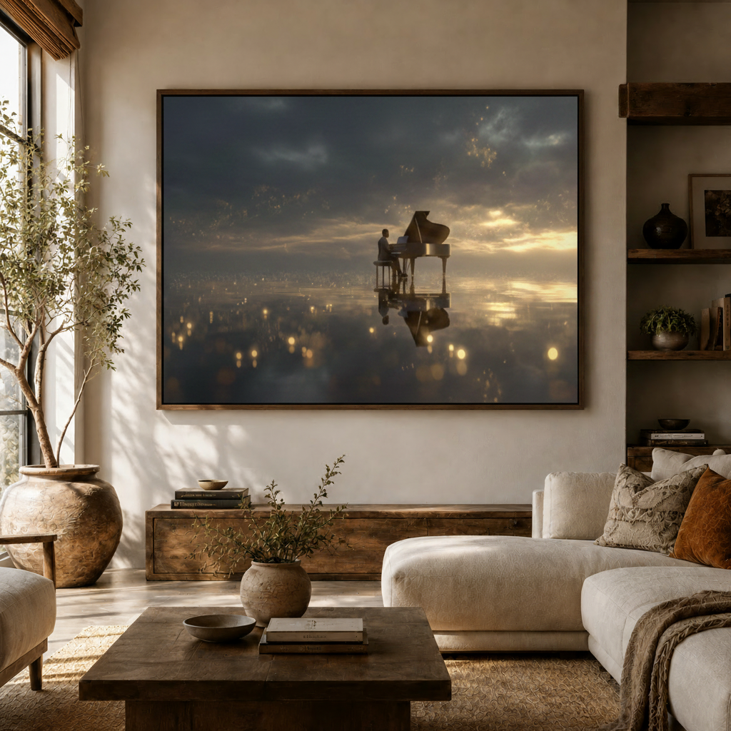 Moody pianist wall art displayed above sofa in modern living room with wooden shelves, neutral tones, and warm ambient lighting