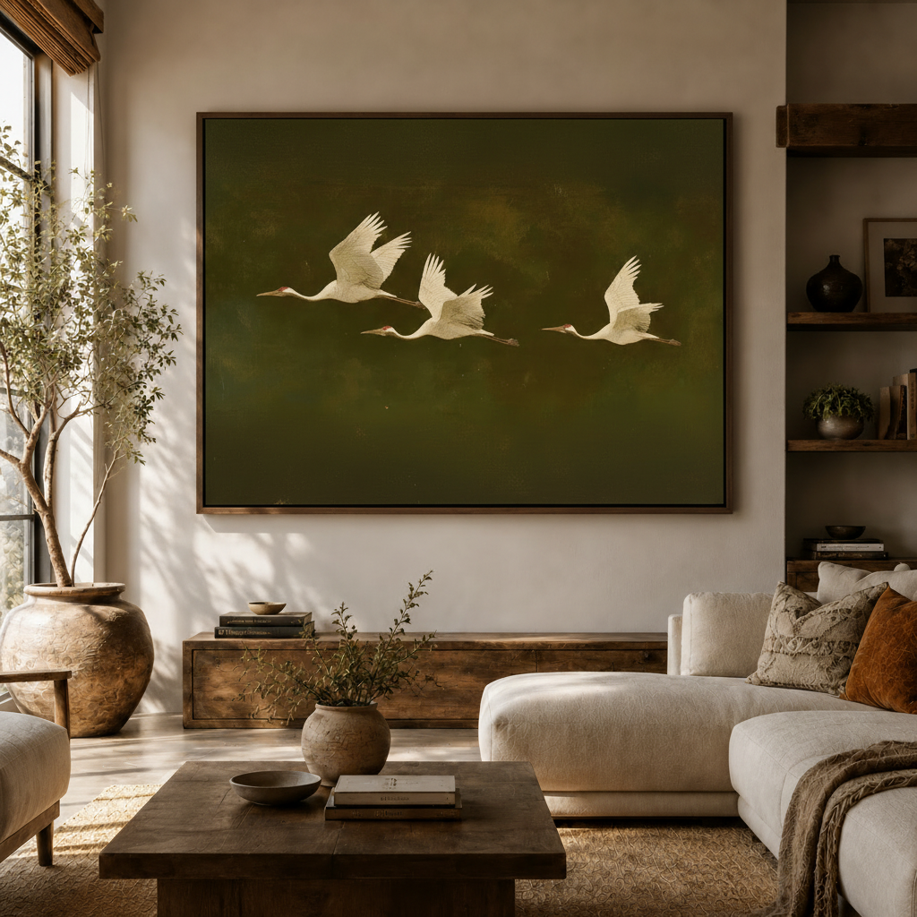 Realistic crane bird canvas wall art hanging in bright modern living room above white curved sofa