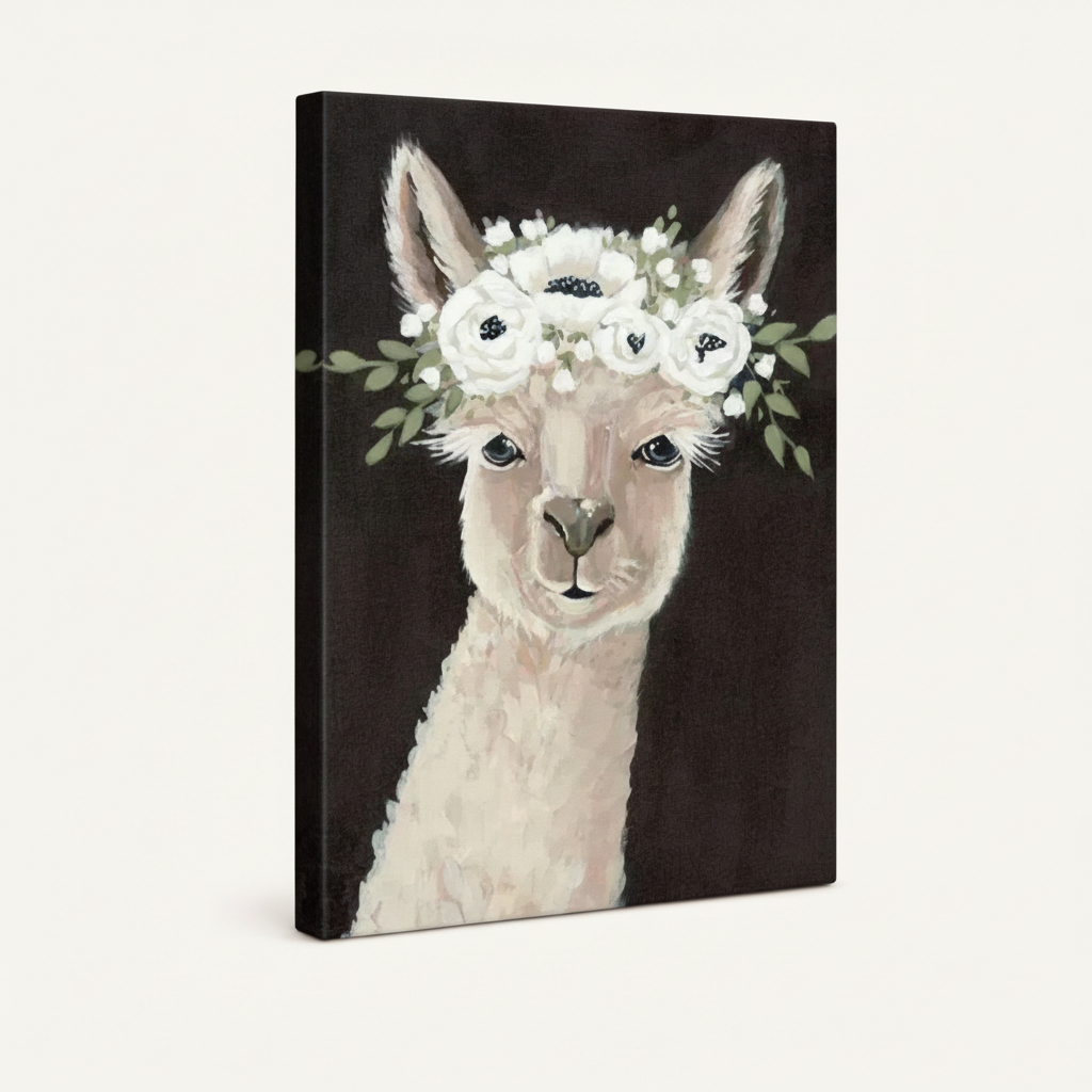 Gallery-wrapped cream alpaca white flower crown impasto canvas with dark wrap sides on off-white background