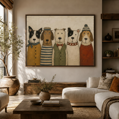 Vintage dressed dogs canvas wall art displayed above a warm living room sideboard