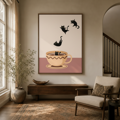 Playful cat falling into coffee cup wall art in warm entryway with staircase and arched doorway