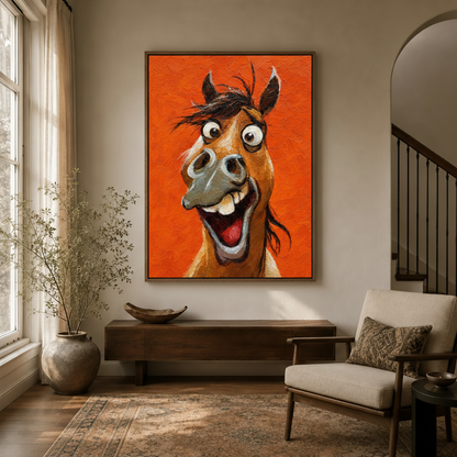 Bold orange impasto horse painting in dark walnut float frame above entryway console