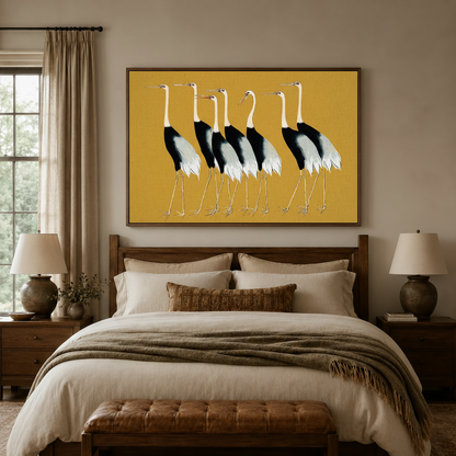 Minimalist Japanese crane framed print hung above wooden bed in cozy neutral bedroom