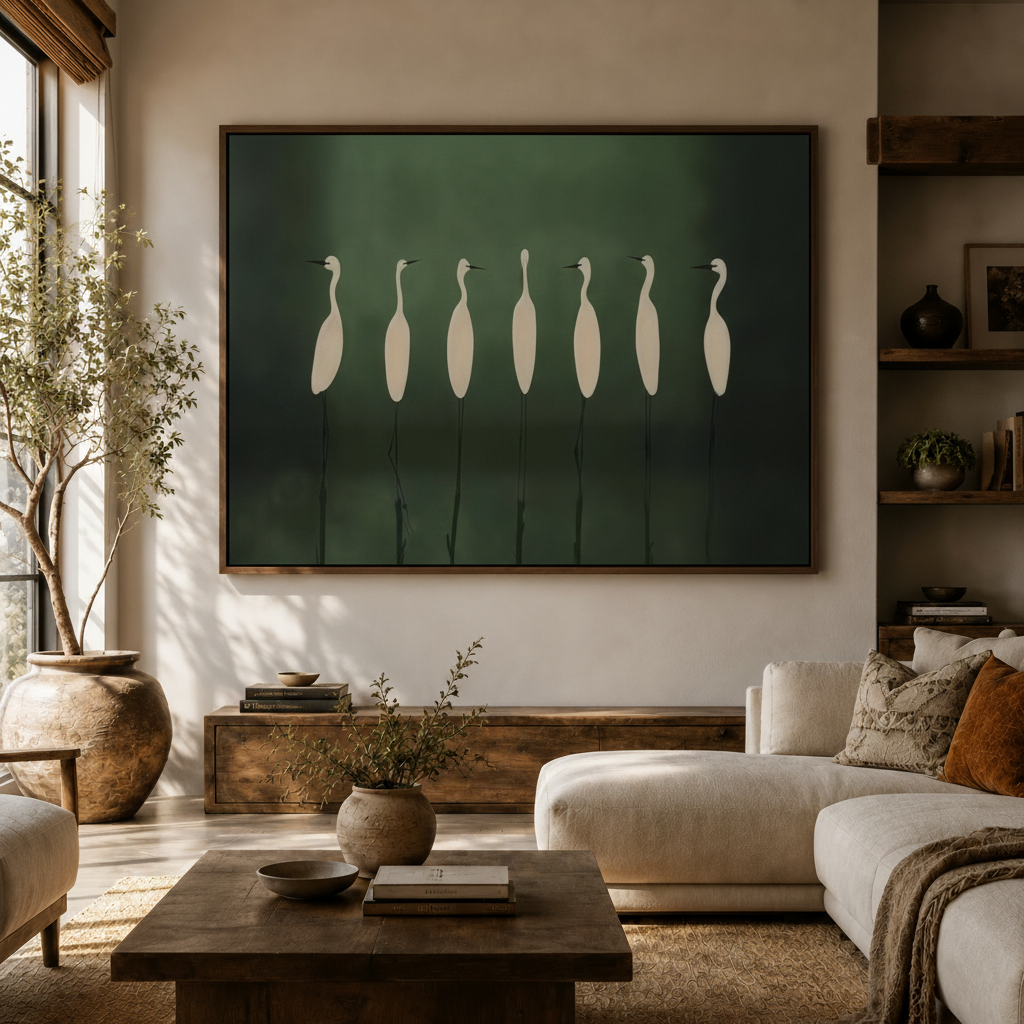 Minimalist egret silhouette canvas art displayed above white sofa in modern living room with natural light