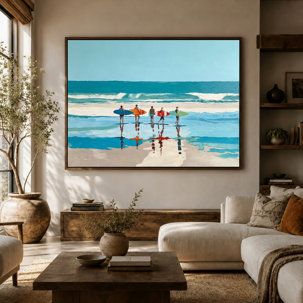  Colorful surfers oil painting canvas hung above sofa in a modern coastal living room