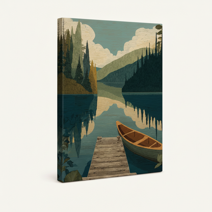 Gallery-wrapped lake canoe canvas with seamless dark forest green wrap sides on cream background