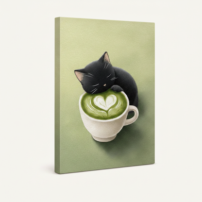 Gallery wrapped canvas print black kitten curled on matcha cup whimsical style angled product view