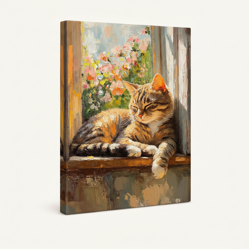 Side angle view of tabby cat windowsill canvas print showing thick gallery-wrapped edge