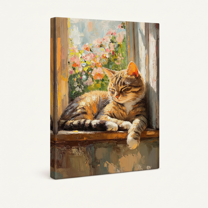 Side angle view of tabby cat windowsill canvas print showing thick gallery-wrapped edge