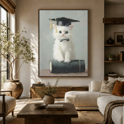 Framed graduation cat canvas art hanging above sofa in bright boho living room