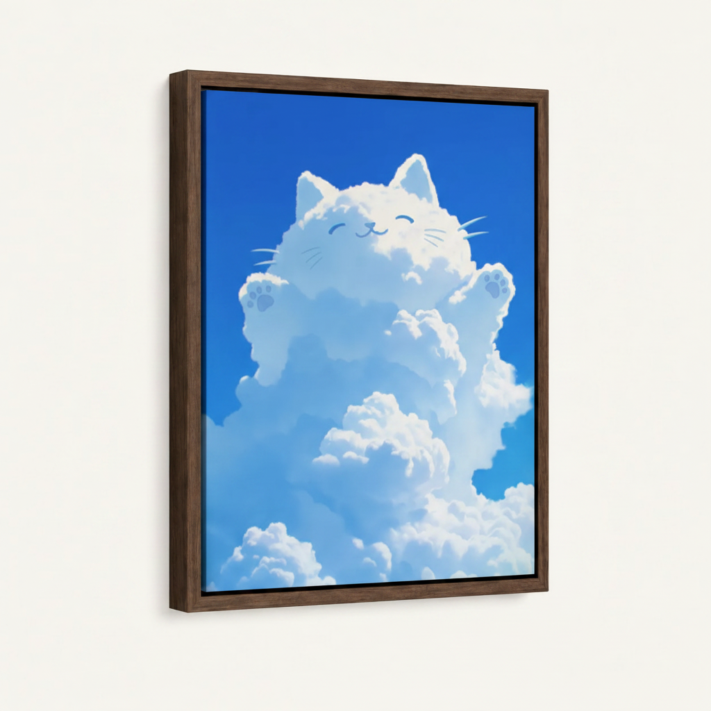 Dreamy white cloud cat waving canvas in dark walnut float frame, 3/4 angle on off-white background