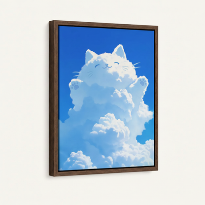 Dreamy white cloud cat waving canvas in dark walnut float frame, 3/4 angle on off-white background