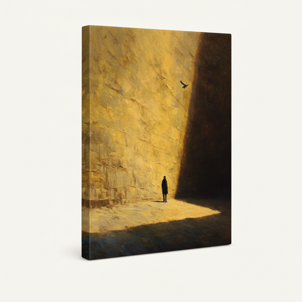 Gallery-wrapped golden cliff figurative canvas, 3/4 left-tilt view showing dark wrap edges and dramatic chiaroscuro