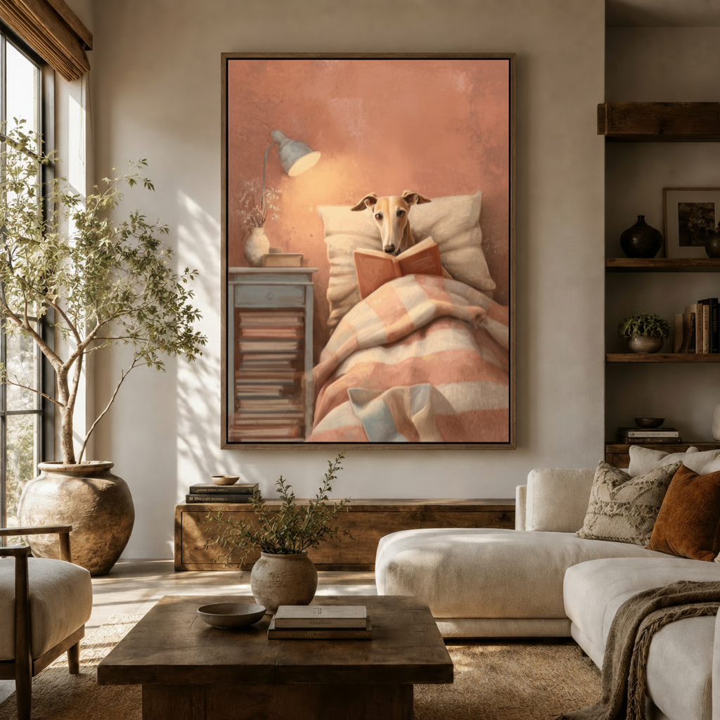 Funny greyhound dog canvas print styled in bright boho living room with olive tree and white sofa