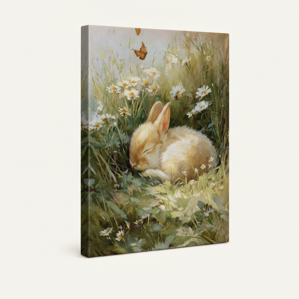 Gallery wrapped bunny daisy canvas print displayed at angle showing thick side wrap profile