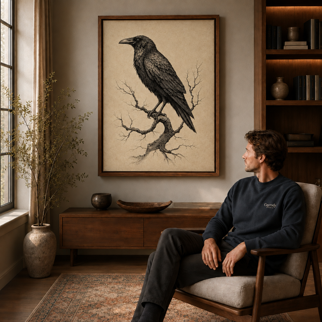Walnut-framed raven canvas wall art above a cabinet beside a man seated in an armchair.