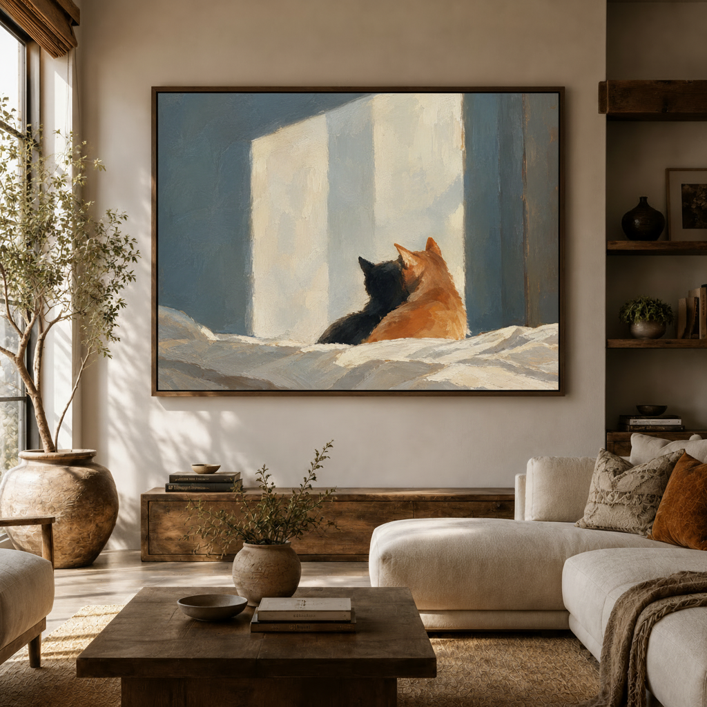 Warm cat wall art with shadow silhouette displayed above a living room sofa