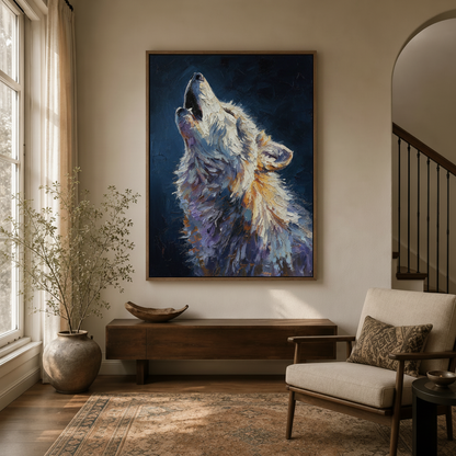 Wolf canvas wall art in float frame displayed in warm entryway hallway setting