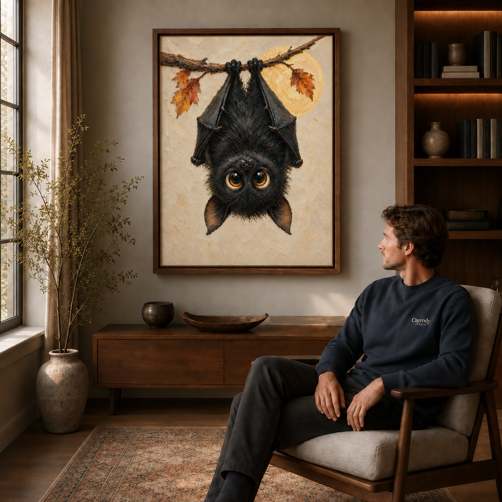 Man relaxing in an armchair beneath a framed black bat painting with autumn leaves and a golden moon
