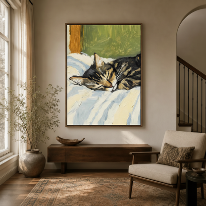 Impasto cat painting canvas displayed above console in modern entryway with arched doorway