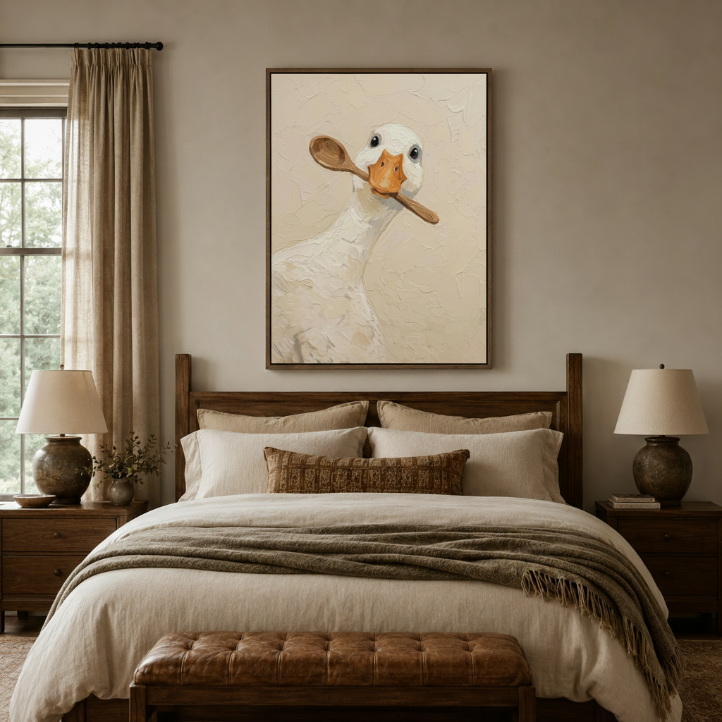 Farmhouse goose with spoon oil painting canvas above dark walnut bed with cream bedding in cozy bedroom