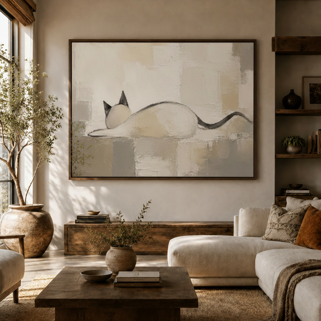 Framed minimalist cat painting hanging in a modern living room above a white sofa