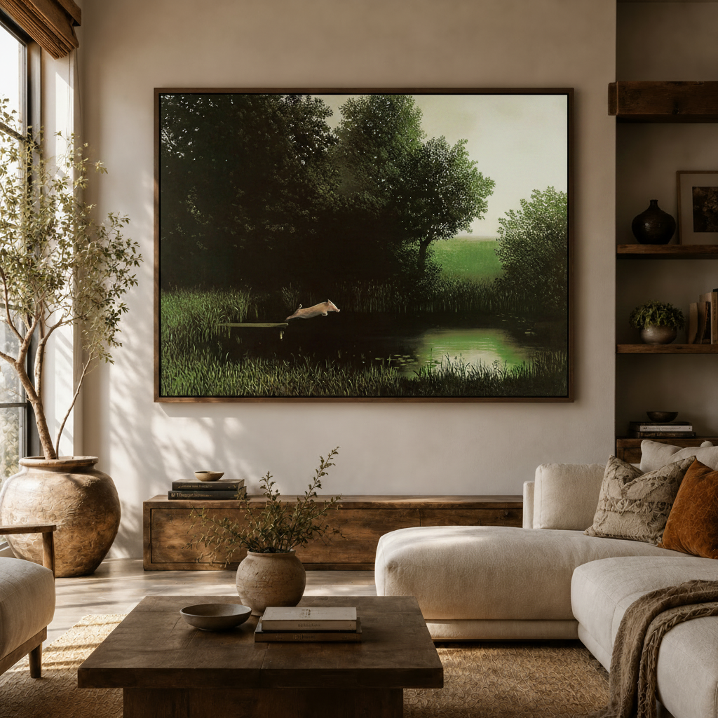 Dark nature canvas wall art hanging in a modern living room above a white sofa