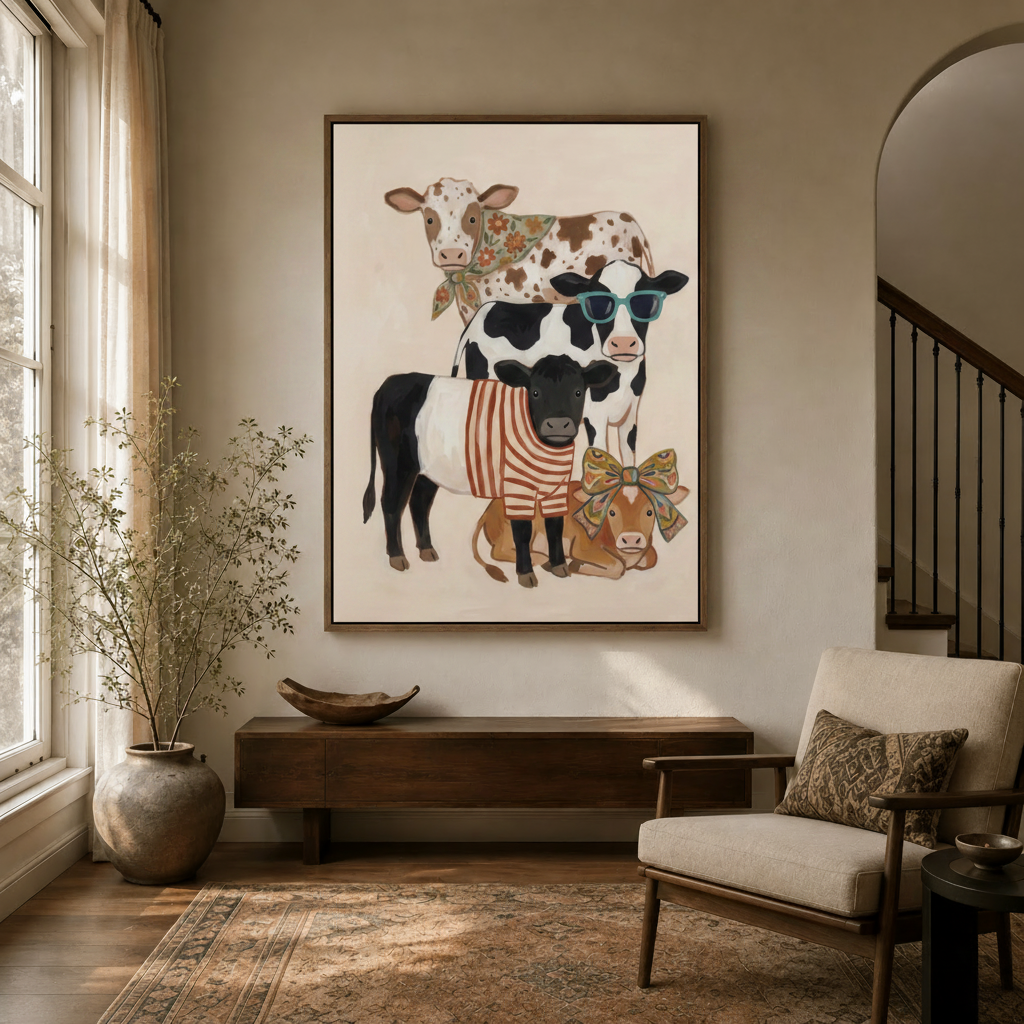Funny cow illustration in walnut float frame displayed high on wall in neutral entryway