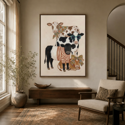 Funny cow illustration in walnut float frame displayed high on wall in neutral entryway