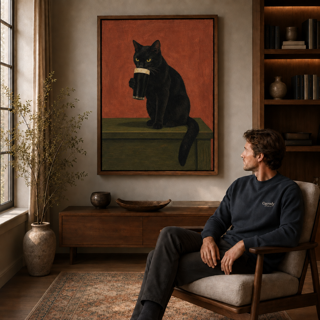 Framed black cat coffee canvas above a wood console in a cozy living room