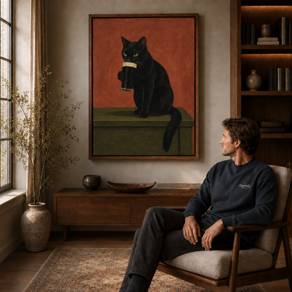 Framed black cat coffee canvas above a wood console in a cozy living room