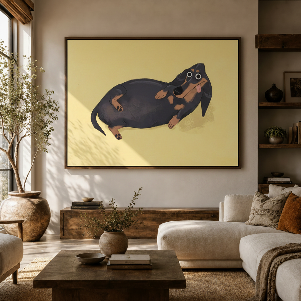 Chubby dachshund wall art displayed above living room sideboard with white sofa and olive tree