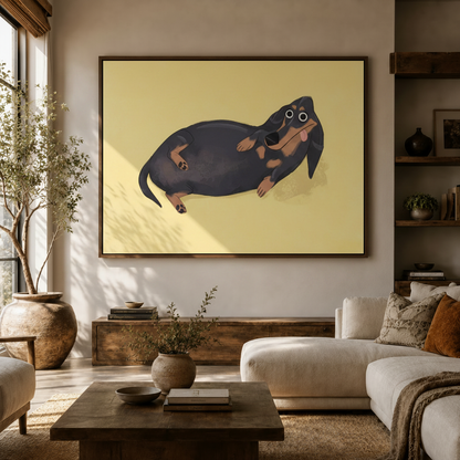 Chubby dachshund wall art displayed above living room sideboard with white sofa and olive tree