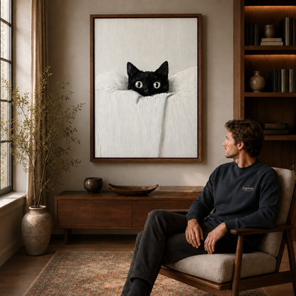 A black cat peering over white fabric hangs above a wooden console in a room with a seated man.