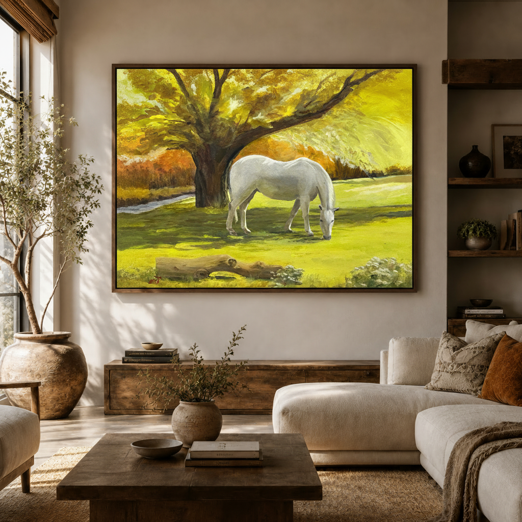 Framed golden meadow white horse grazing canvas displayed large in warm modern living room setting