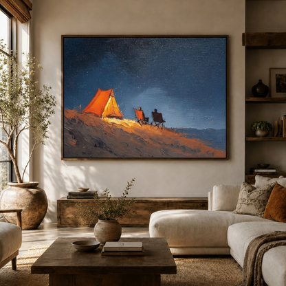 Moody campfire night sky wall art above a white sofa in a cozy neutral living room